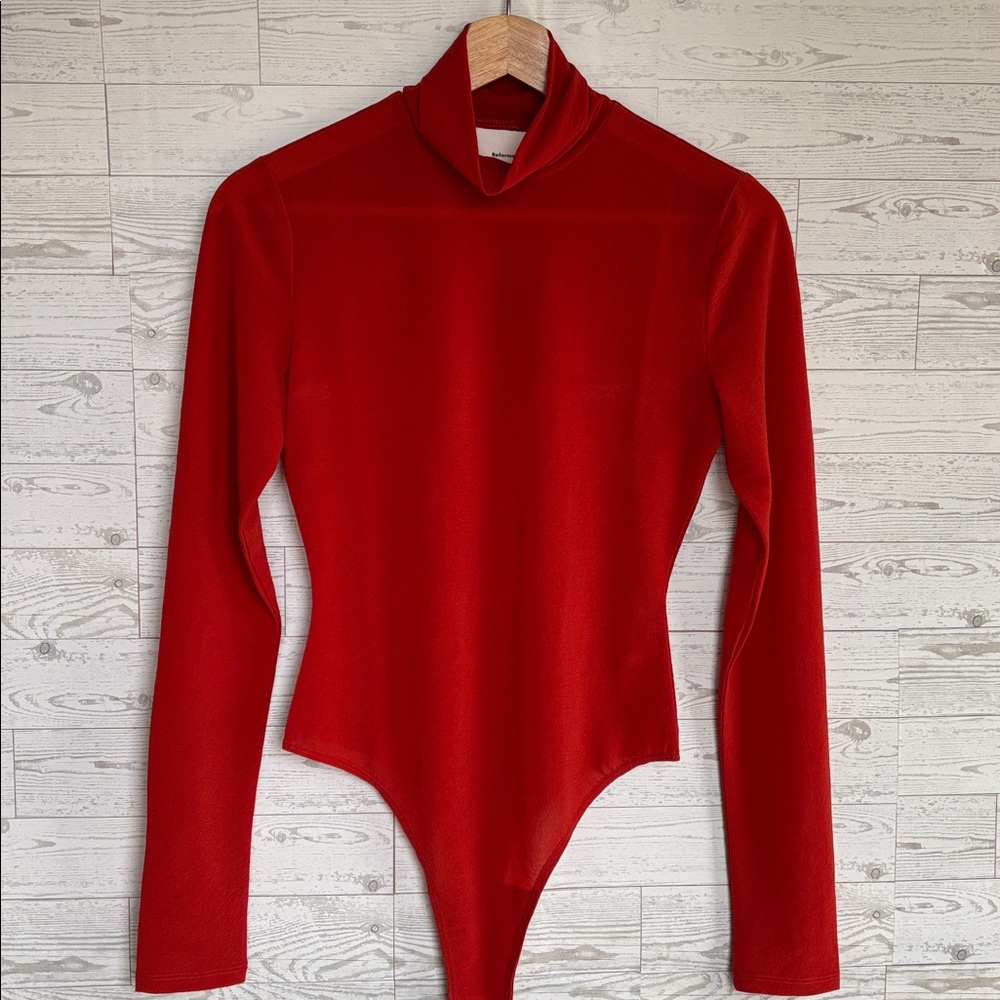 Reformation Sheer long sleeve mock neck Bodysuit XS Rust quiet luxury festival